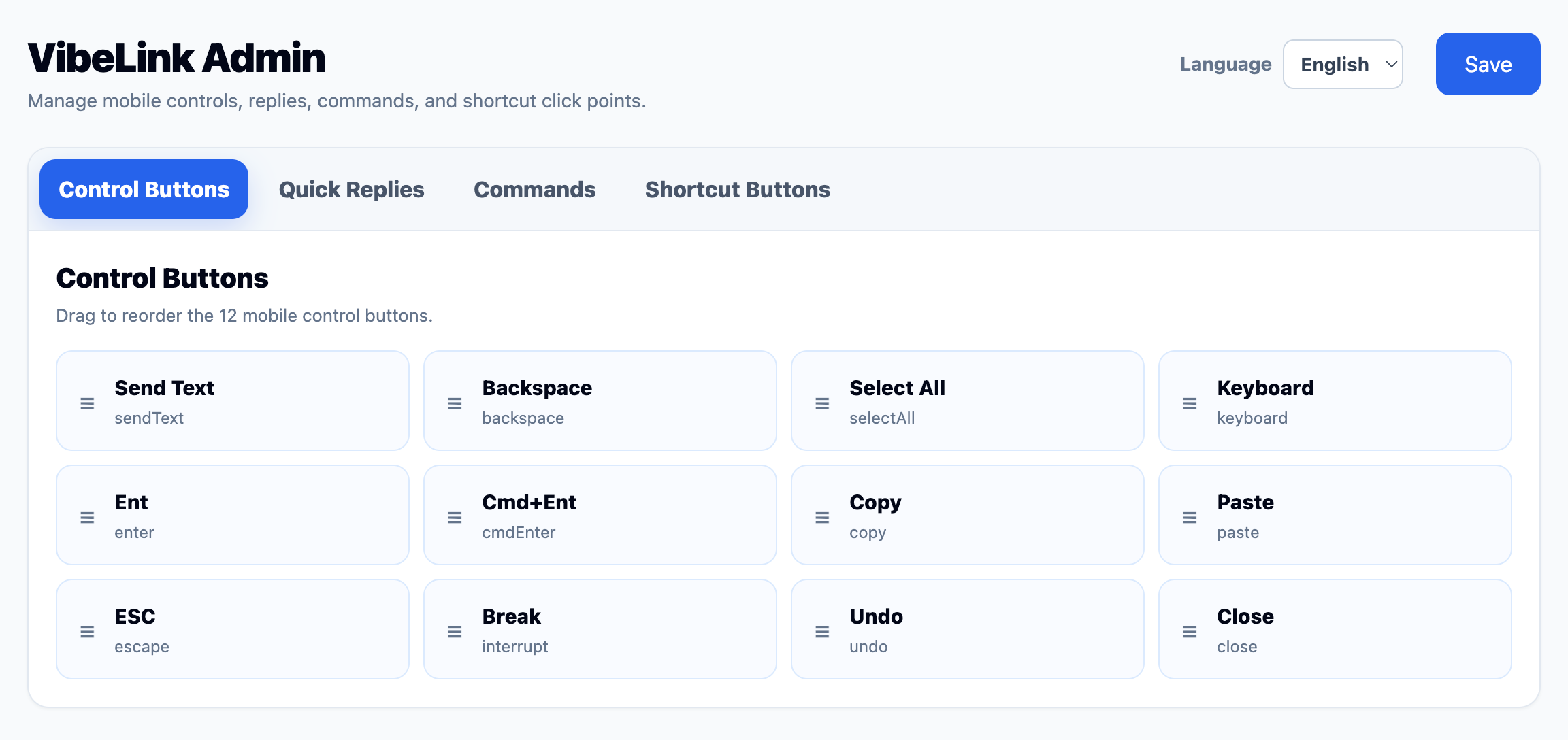 Control buttons screen