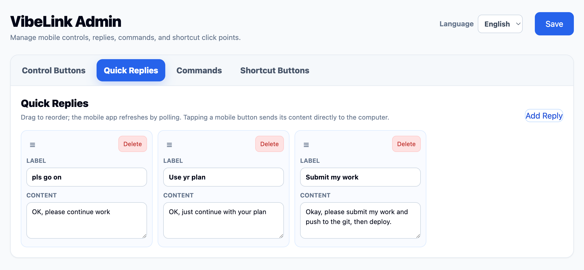 Quick replies screen